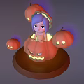 Cartoon Girl With Blue Hair Sitting In Halloween Pumpkin Surrounded By Glowing Small Pumpkins