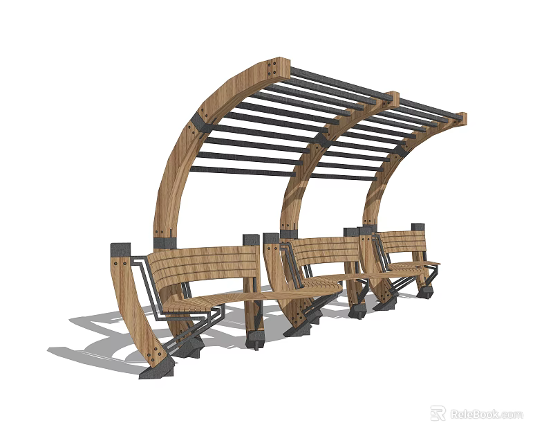 Modern Landscape Seating With Arched Wooden Canopy And Wood Metal Structure Benches 3d model 