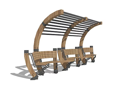 Modern Landscape Seating With Arched Wooden Canopy And Wood Metal Structure Benches 3d model