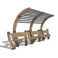 Modern Landscape Seating With Arched Wooden Canopy And Wood Metal Structure Benches