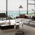 Modern Living Room Minimalist Design With Large Windows Leather Sofa Workspace And Green Plants