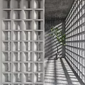 Modern Geometric Concrete Partition Structure With Circular Square Openings And Green Plants 3d model