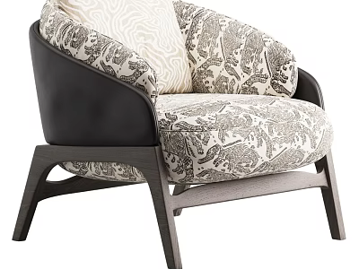 Modern Vintage Patterned Fabric Upholstered Leisure Chair With Sturdy Solid Wood Legs For Living Room 3d model