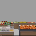 Neatly Arranged Retail Display Shelves Holding Various Vegetables Fruits and Bottled Items