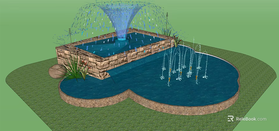 Beautiful Garden Fountain with Rectangular Basin Surrounding Small Fountains Stone and Green Plants 3d model 