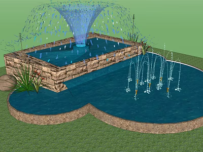 Beautiful Garden Fountain with Rectangular Basin Surrounding Small Fountains Stone and Green Plants 3d model