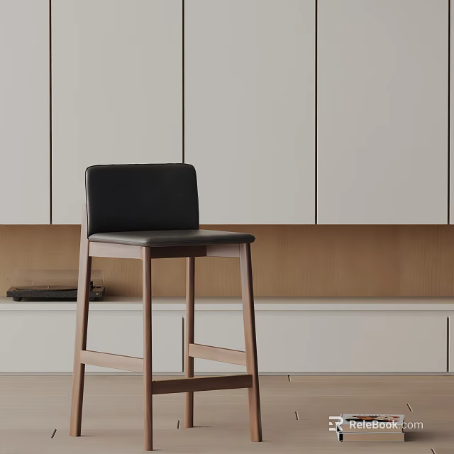 Modern Kitchen Bar Stool With Black Leather Seat And Wooden Frame Against White Cabinets And Wooden Panel 3d model 