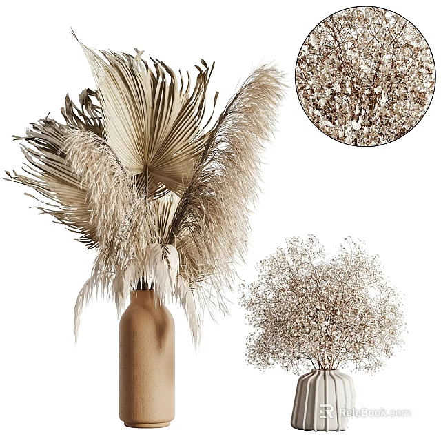Natural Dried Flower Decorative Ornament Set With Pampas Grass And Beige Vases For Home Decor 3d model 