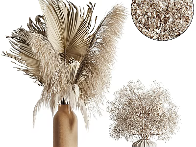 Natural Dried Flower Decorative Ornament Set With Pampas Grass And Beige Vases For Home Decor 3d model