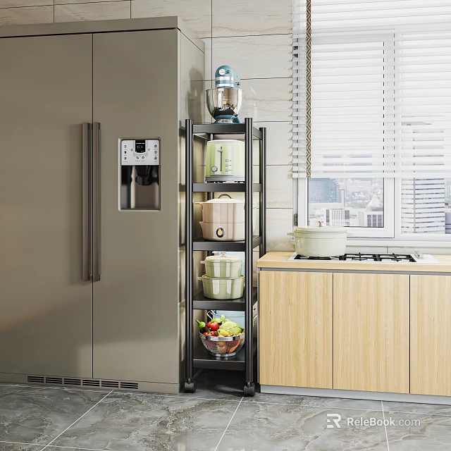 Modern Kitchen With Stainless Steel Refrigerator Multi Tiered Shelf Holding Coffee Maker And Appliances 3d model 