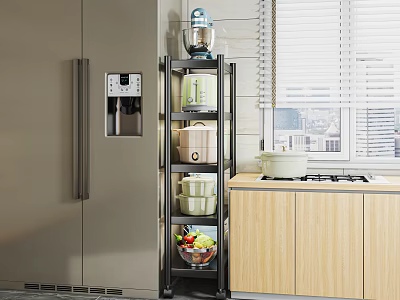 Modern Kitchen With Stainless Steel Refrigerator Multi Tiered Shelf Holding Coffee Maker And Appliances 3d model
