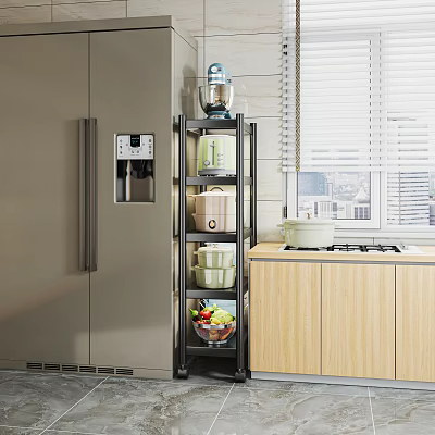 Modern Kitchen With Stainless Steel Refrigerator Multi Tiered Shelf Holding Coffee Maker And Appliances 3d model