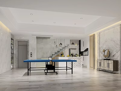 Modern Entertainment Room Interior Design With Blue Table Tennis Table Wine Cabinet And Marble Walls 3d model