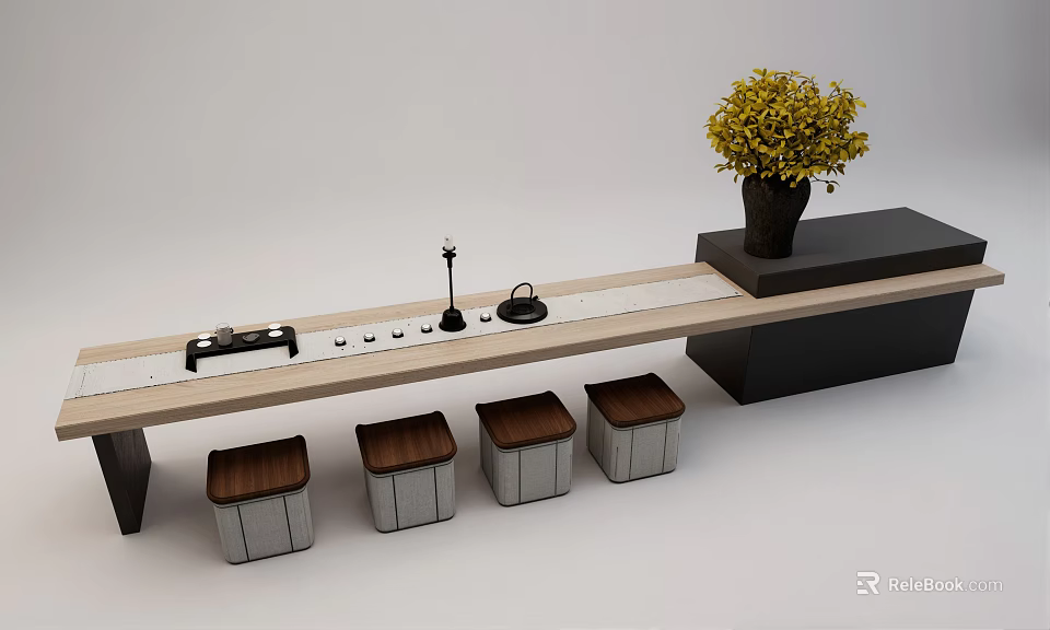 Modern Minimalist Tea Table and Chairs with Stools Yellow Flowers and Tea Set 3d model 