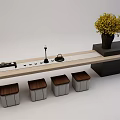 Modern Minimalist Tea Table and Chairs with Stools Yellow Flowers and Tea Set