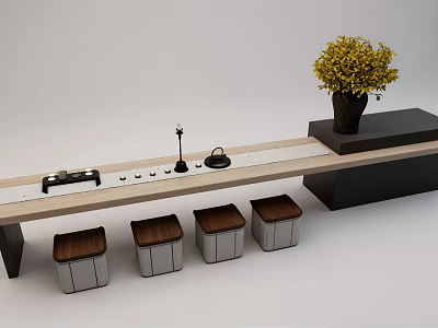 Modern Minimalist Tea Table and Chairs with Stools Yellow Flowers and Tea Set 3d model