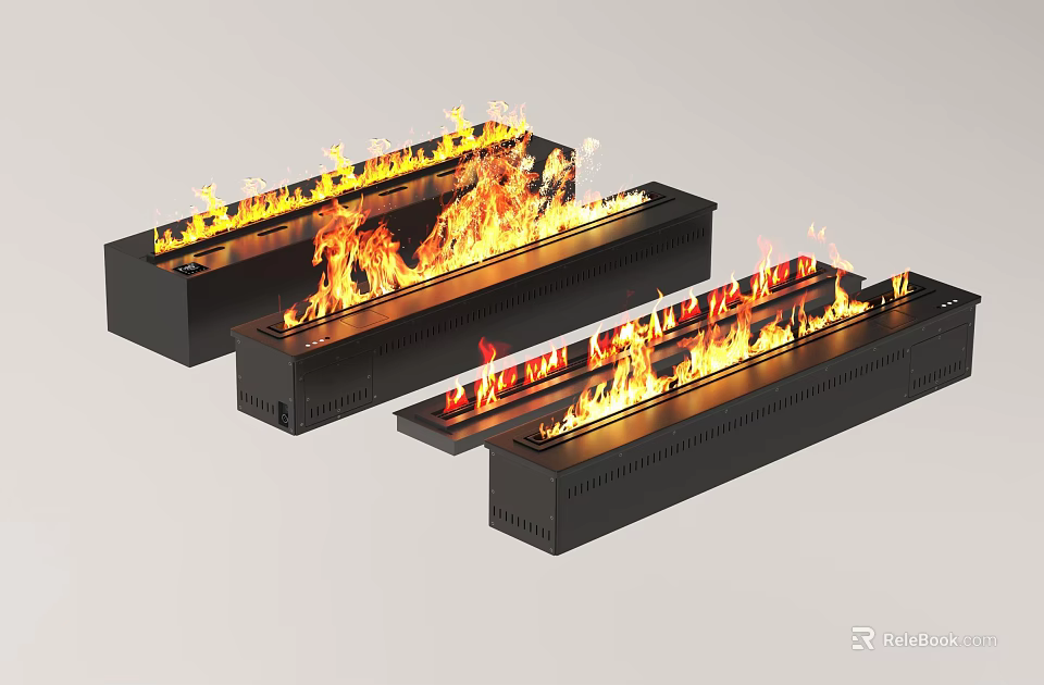 Modern Linear Fireplaces Interior Design With Black Frame And Burning Flames 3d model 