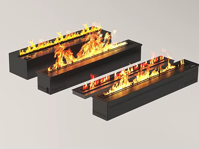 Modern Linear Fireplaces Interior Design With Black Frame And Burning Flames 3d model