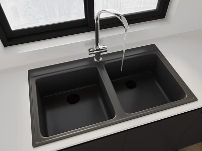 Black Double Bowl Kitchen Sink With Chrome Faucet On White Countertop 3d model