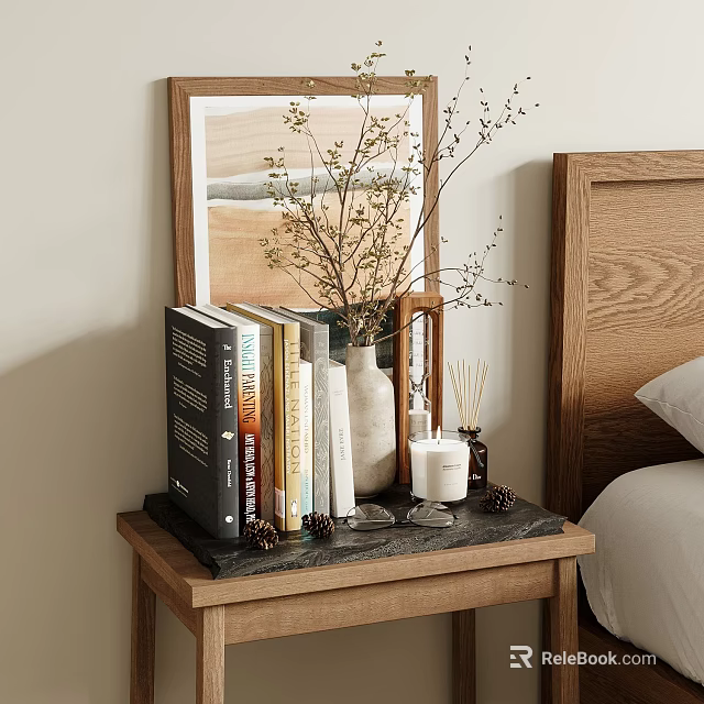 Stylish Decorative Ornament Set on Wooden Bedside Table with Books Vase Twigs Candle and Pinecones 3d model 