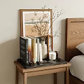 Stylish Decorative Ornament Set on Wooden Bedside Table with Books Vase Twigs Candle and Pinecones