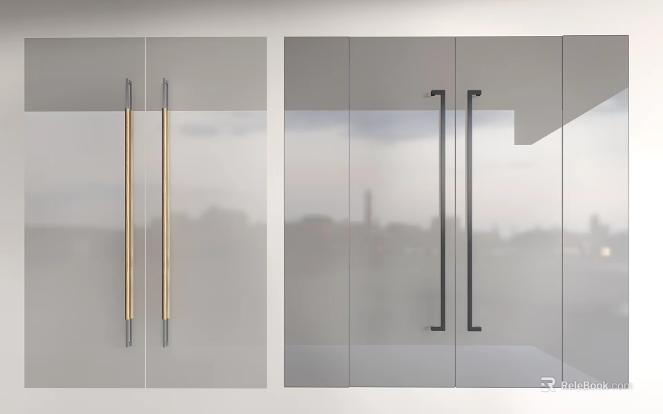 Modern Glass Doors With Gold And Black Handles And City View Background 3d model 