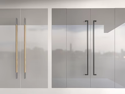 Modern Glass Doors With Gold And Black Handles And City View Background 3d model