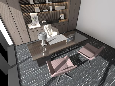 Modern Office Desk With Table Lamp Notebook Stationery Two Pink Chairs And Wooden Shelf 3d model