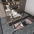 Modern Office Desk With Table Lamp Notebook Stationery Two Pink Chairs And Wooden Shelf