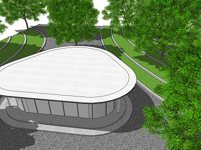 Modern Circular Roof Building Surrounded By Green Trees And Lawn Paths 3d model