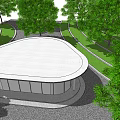 Modern Circular Roof Building Surrounded By Green Trees And Lawn Paths