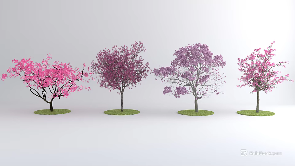 Colorful Flowering Trees With Pink And Purple Blossoms In A Row 3d model 