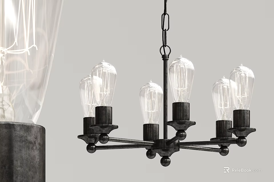 Vintage Industrial Chandelier With Black Metal Frame And Clear Filament Bulbs 3d model 