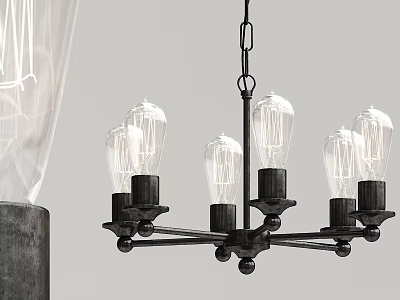 Vintage Industrial Chandelier With Black Metal Frame And Clear Filament Bulbs 3d model
