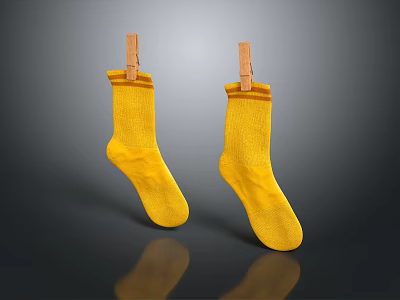 Yellow Socks Hanging With Wooden Clothespins On Dark Background With Reflection 3d model