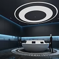 Futuristic Interior With Black Walls Circular White Ceiling Console Mannequins And Floor Logo