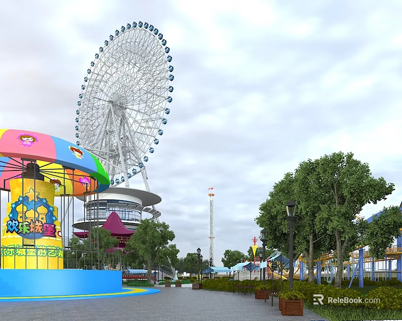 Fun Amusement Park Featuring Ferris Wheel Carousel Colorful Buildings Trees And Lamp Posts 3d model 