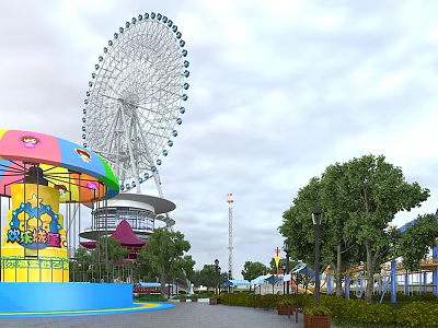 Fun Amusement Park Featuring Ferris Wheel Carousel Colorful Buildings Trees And Lamp Posts 3d model
