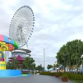 Fun Amusement Park Featuring Ferris Wheel Carousel Colorful Buildings Trees And Lamp Posts