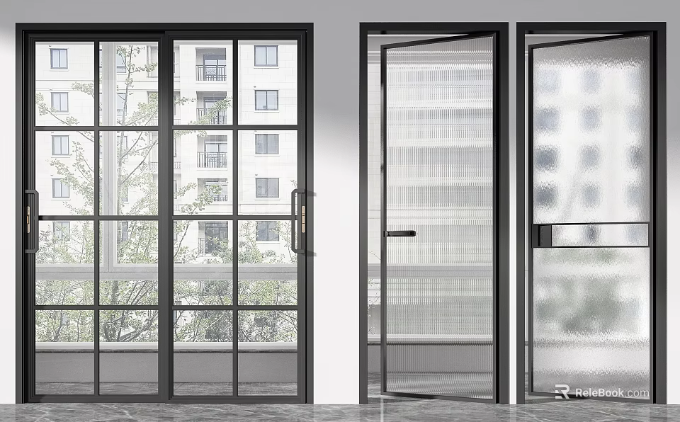 Modern Transparent Glass Sliding Doors With Black Frame Interior Design 3d model