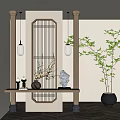 Chinese Style Wooden Partition With Vertical Slats And Hanging Lantern Lights In Interior