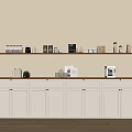 Modern Sideboard With White Cabinets Wooden Top Shelf Holding Coffee Maker Books Decorative Items