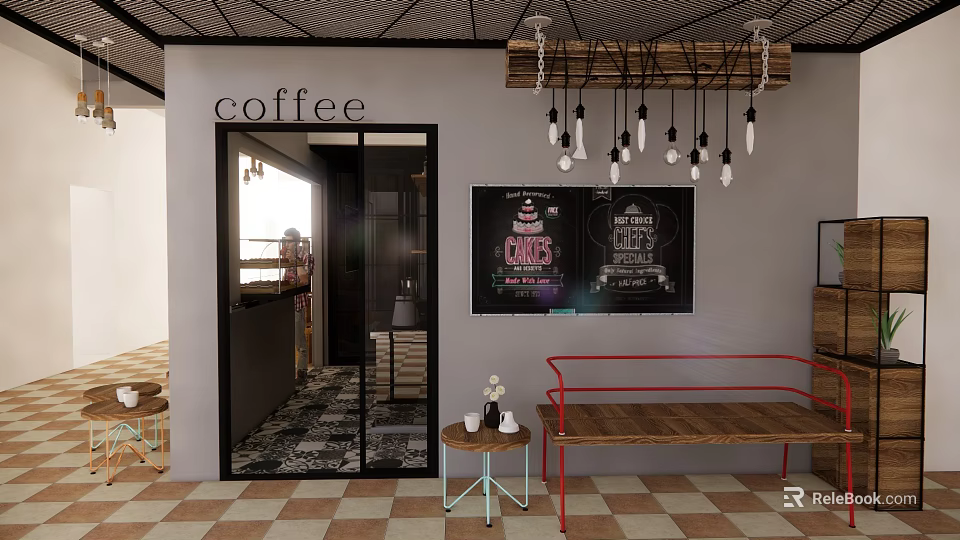 Modern Milk Tea Shop Interior With Hanging Lights Chalkboard Menu And Red Bench 3d model 
