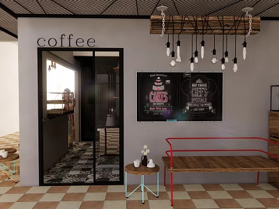 Modern Milk Tea Shop Interior With Hanging Lights Chalkboard Menu And Red Bench 3d model