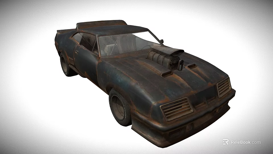 Rusty Vintage Muscle Car Modified With Hood Mounted Supercharger And Worn Exterior Design 3d model 