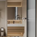 Modern Bathroom Interior with Black Frame Shower Enclosure Vanity Mirror Shelves Towels Light Colored Tiles