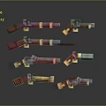 Blocky Pixel Style Weapons Featuring Red Yellow Gray Colors And Multiple Game Assets 3d model