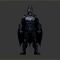 Detailed Batman 3D Model Standing In Black Costume With Blue Emblem And Red Eyes