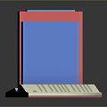 Vibrant Blue and Red Stacked Books with Open Page on Reflective Surface