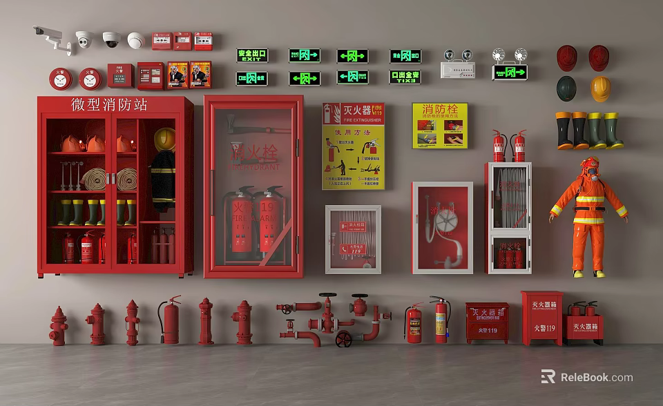 Comprehensive Fire Equipment Display with Mini Fire Station Cabinets Extinguishers Hydrants and Emergency Lights 3d model 